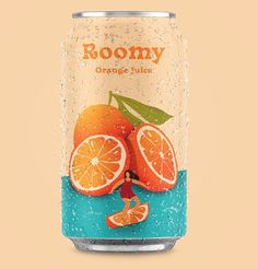 a can of roomy orange juice with an image of a woman surrounded by sliced oranges