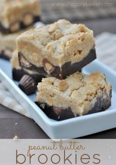 peanut butter brownies are stacked on top of each other