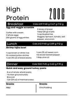 the menu for high protein breakfast is shown in black and white