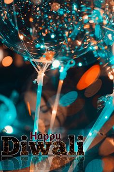 a happy diwali greeting card with balloons and confetti in the background