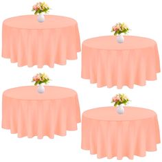 three round tables covered with pink tablecloths