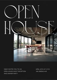 an open house poster with the words open house written in black and white on it