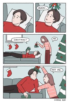 a comic strip with a man giving a woman a christmas present on his lap and the caption reads, ` `