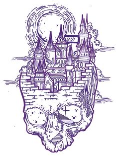 a drawing of a castle on top of a skull