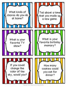 four different colored striped cards with the words what would you do on your ideal school day?