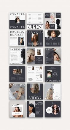 the front and back pages of a hair salon brochure, with images of women's hair