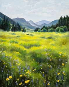 a painting of a meadow with mountains in the distance and wildflowers on the ground