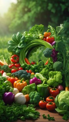 an assortment of fresh vegetables on a table in the sunlit garden with sunlight streaming through the trees