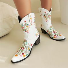 Shop Women's White Vegan Leather Retro Western Cowboy Boots with Flowers Embroidery color White for Anniversary, Going out, Hanging out, Honeymoon, Music Festival with worldwide Free shipping & Free return. Cowboy Boots With Flowers, Boots With Flowers, Embroidered Chunky Heels, Zebra Print Shoes, Navy Blue Wedding Shoes, Blue Satin Heels, Royal Blue Wedding Shoes, Navy Wedding Shoes, Kitten Heel Wedding Shoes