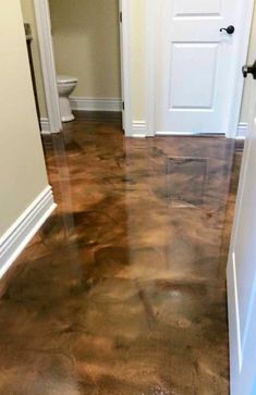 a bathroom with a brown floor and white door