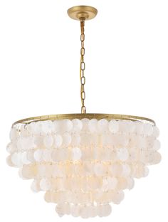 a large chandelier with white beads hanging from the bottom and gold chain around it