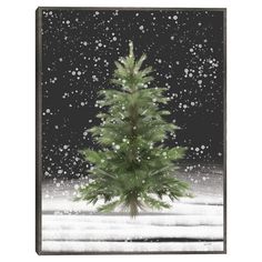 a small christmas tree in the snow on a black and white background with falling snow