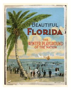 a vintage florida travel poster with people on the beach and palm tree in the foreground