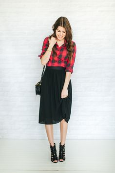 Sequin Belt, Skirt Heels, Red Plaid Shirt, Embellished Denim, Modest Wear, Holiday Outfit, Blog Page, Buffalo Check