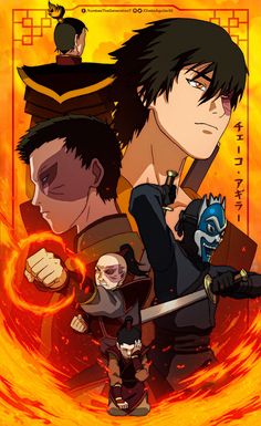 an anime poster with two men and one woman in front of a yellow background,