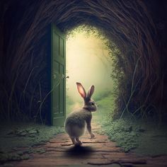 a rabbit is standing in front of an open door that leads into a forest filled with trees