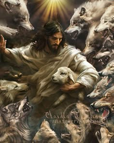 jesus holding his lamb surrounded by wolfs