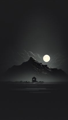 a black and white photo with the moon in the sky above it, over a mountain