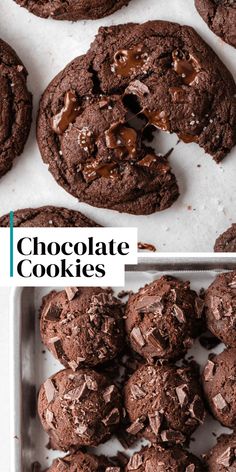 chocolate cookies on a baking sheet with one broken in half and the other filled with chocolate chips