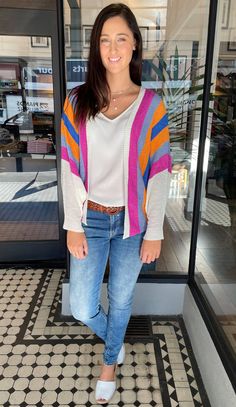 undefined Striped Cardigan, Vertical Stripes, Batwing Sleeve, Dolman Sleeve, Knitted Fabric, Multi Color