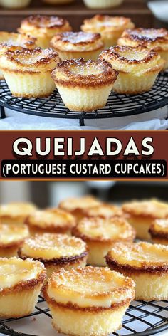 several different types of pastries on cooling racks with the words quejass portuguese custard cupcakes