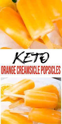 keto orange creamsice popsicles on a white plate with text overlay