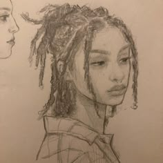 a pencil drawing of a woman with dreadlocks on her head next to another woman's face