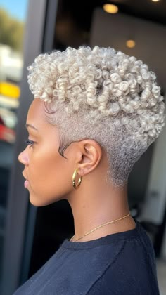 Finger coils provide defined curls and enhance texture for 4C hair. This style is ideal for short cuts and adds a polished look. Tap the pin to see more and follow us for updates! #4CHair #NaturalHair #HairInspo #FingerCoils #ShortHairStyles Blonde Natural Short Hair Black Women, Perm Cut Haircuts Short Hairstyles, Short Haircut Shaved Sides, Women Tapered Haircut, Short 3b Curly Haircuts, Short Tapered Natural Hair, Grey Short Hair, Very Short Haircuts For Women, Short 4c Hairstyles