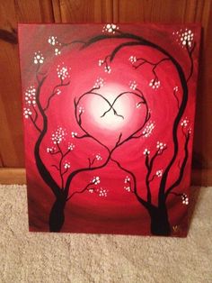 an acrylic painting of a heart shaped tree with white flowers on red background