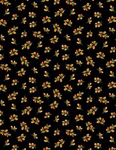 an orange and black floral pattern on a black background, with small yellow flowers in the center