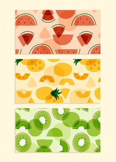 three different patterns with fruit on them, one is orange and the other has watermelon