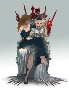 a woman sitting on top of a throne next to a man with scissors in his hair