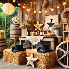 an outdoor bar with hay bales and decorations on the outside, including straw bales