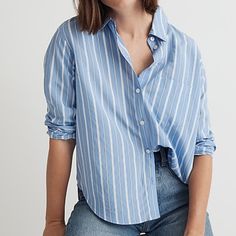 Nwt No Flaws, Never Worn. An Oversized Version Of Our Favorite Tomboy Button-Down With A Cool Slit Shirttail Hem. It Has An Easy Shape Fashioned In A Drapey Striped Fabric. Regular Fit. Hip Length: Designed To Hit At High Hip Or Below; Tuckable. Body Length From High Point Of Shoulder: 25 3/4". 66% Viscose/18% Polyester/16% Polyamide. Machine Wash. Imported. Madewell Shirts, Madewell Top, Easy Shape, High Hips, Striped Fabric, Striped Fabrics, High Point, Hip Length, Madewell