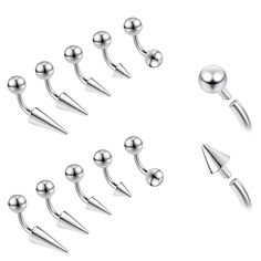 several different types of piercings with balls and spikes on each one side, all lined up in the same row