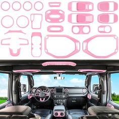 the interior of a vehicle with pink trims