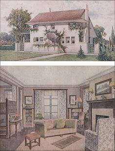 two different views of a living room and dining room in the same house, one with an open floor plan