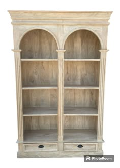 a wooden bookcase with two doors and shelves