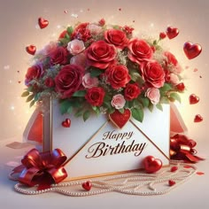 a birthday card with roses in a gift box