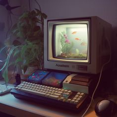 an old computer sitting on top of a desk next to a potted plant and keyboard