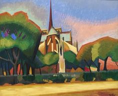 a painting of a church with trees in the foreground