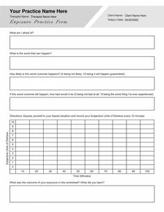 Our Exposure Practice Form PDF (Editable, Fillable, Printable) are perfect for counselors, psychologists, psychiatrists, social workers, therapists, and other mental health professionals.  Our Exposure Practice Form PDF, part of our Exposure and Response Prevention Therapy Bundle, can be downloaded and used with all your clients, giving them the ability to fill it out on a digital device or print it out.  This template is part of the ERP Therapy Worksheets Bundle Therapy Homework, Therapy Check In Worksheet, Therapy Session Notes Template, Schema Therapy Modes, Therapy Session Structure, Cbt Therapy Worksheets