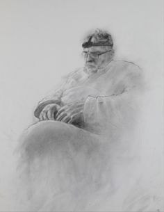 a black and white drawing of a man sitting in a chair with his hands on his knees