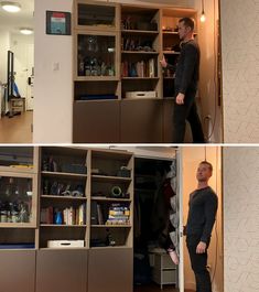 two pictures of a man standing in front of a bookcase and looking into the closet