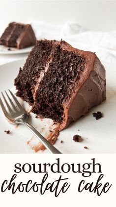 a close up of a piece of cake on a plate with the words sourdough chocolate cake