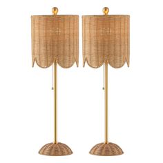 two lamps with wicker shades on them