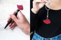 a woman holding a pen and writing on a piece of paper next to an image of a keychain