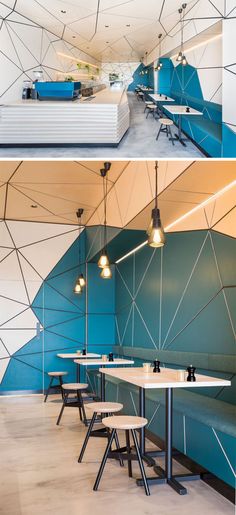 two pictures of the inside of a restaurant with tables and benches in front of them