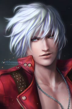 an anime character with white hair wearing a red jacket and pearls on his necklaces