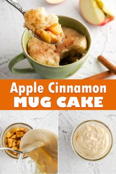 an apple cinnamon mug cake is being spooned into the cup